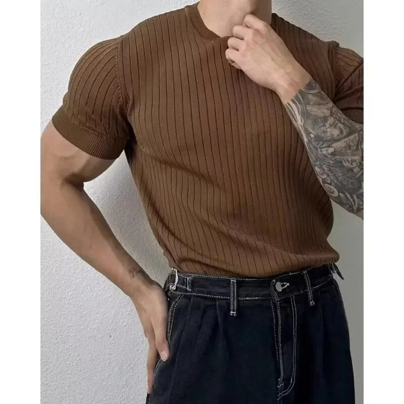 Summer New Light Maturity Knitted Polo Shirt Men's Korean Style Slim Fit Collar Pure Color Casual T-Shirt Cross-Border