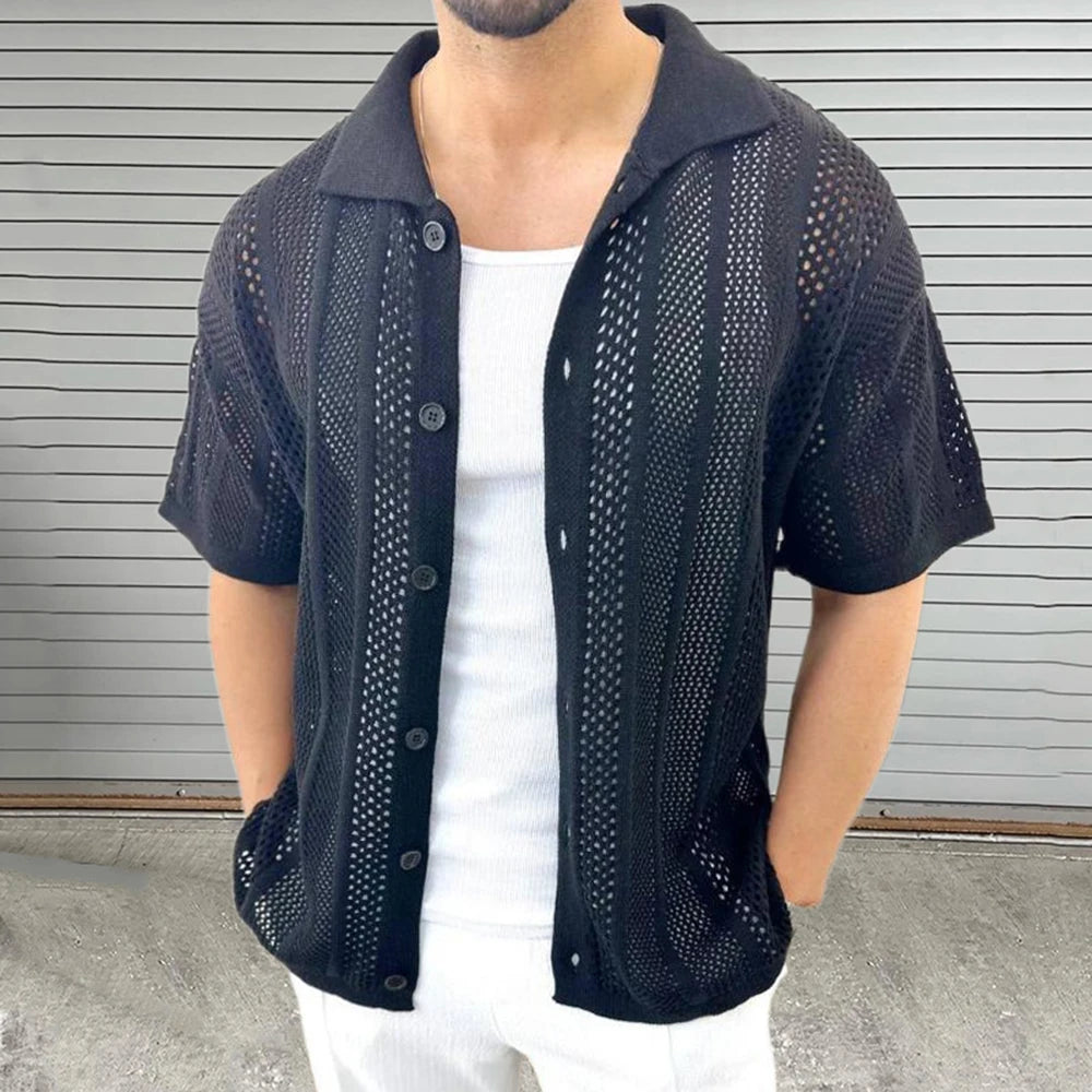 Summer Thin Men's Knitted Hollow Cardigan Short-Sleeved Shirt Retro Fashion Trend Casual Simple Loose Breathable Men's Tops