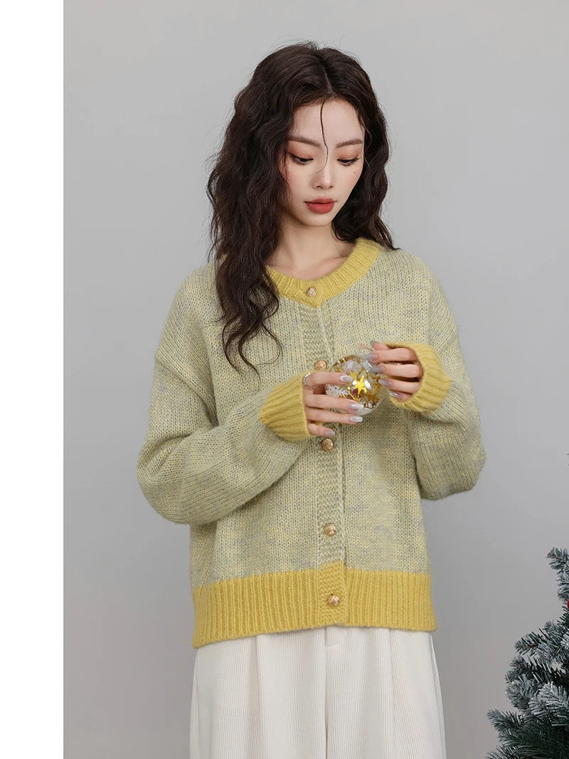 HELIAR Single-breasted Cardigan Long Sleeve Patchwork Knitted Sweater O-Neck Casual Warm Coat Office Outerwear Autumn Winter