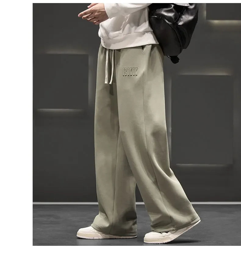 Autumn New Men Knitted Sports Pant Steel Stamp Printing Wide Leg Casual Trousers Straight Solid Lightweight Cotton Fabric Unisex