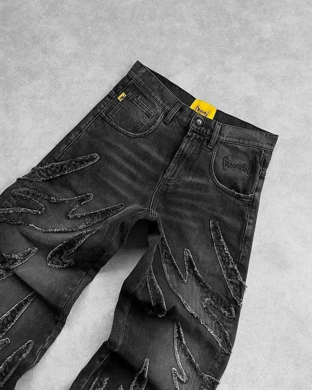 90s Streetwear Retro Hip Op Flame Embroidery Loose High Waisted Men Jeans Female Y2K New Harajuku Gothic Wide Leg Pants