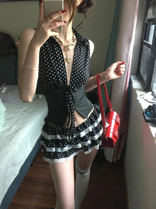 Aesthetic Vintage Hot Girl Slim 2-piece Set Women Gothic Retro Sleeveless Lace Up Polka Dot Vest Top Lace Low-waist Skirt Suit