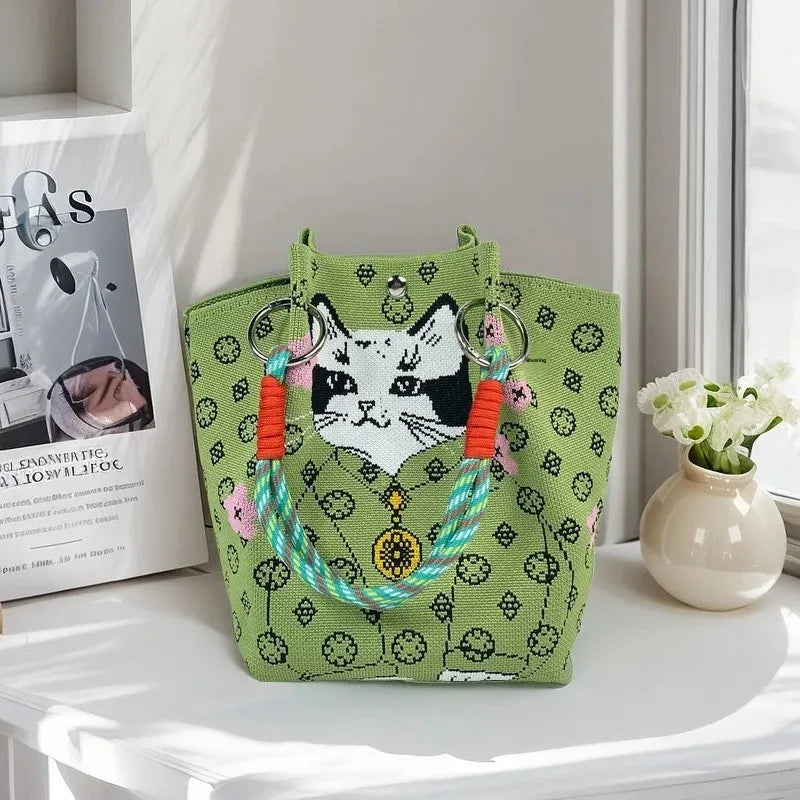 Cute Cat Design Large Capacity Portable Tote Bag Casual Versatile Commuter Bucket Bag Polyester Fiber Handbag from Mainland Chin