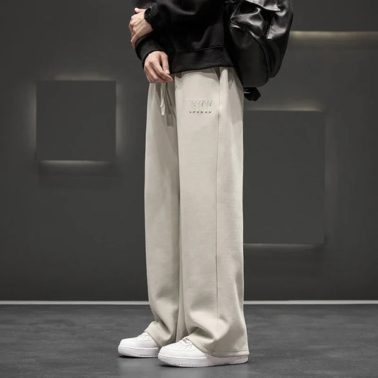 Autumn New Men Knitted Sports Pant Steel Stamp Printing Wide Leg Casual Trousers Straight Solid Lightweight Cotton Fabric Unisex