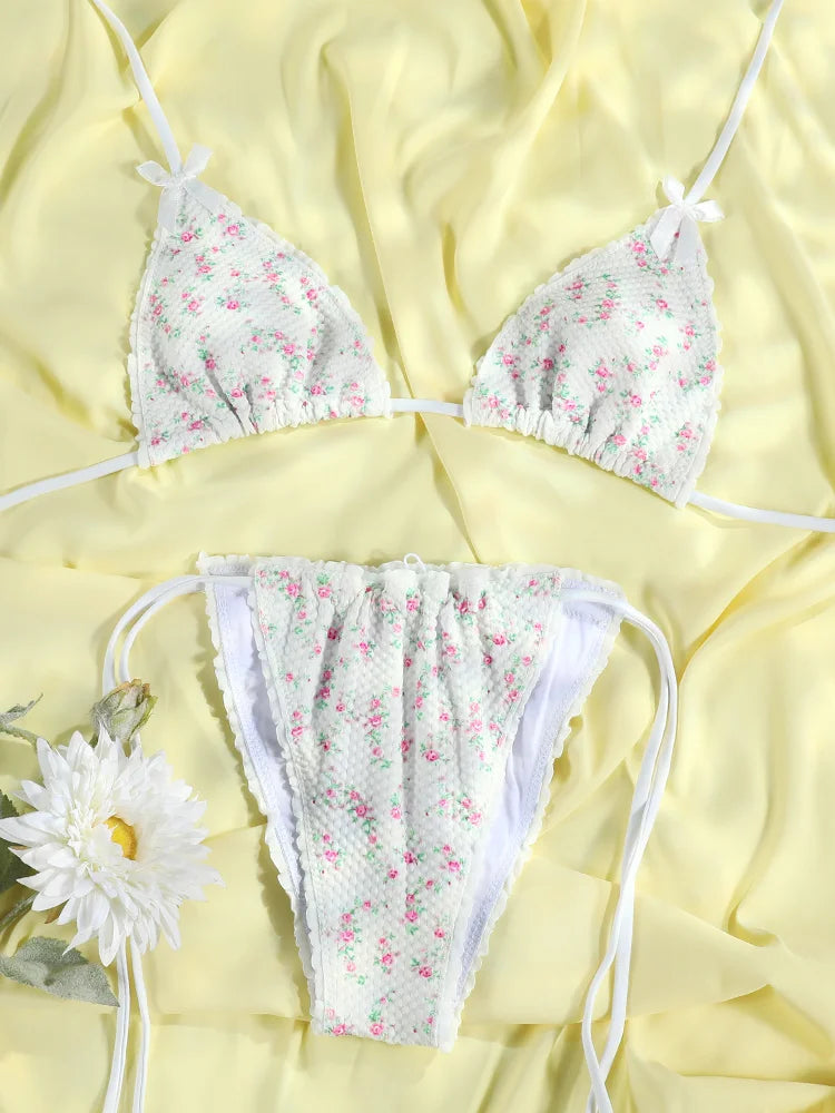 Plaid Print Bikinis Bow Swimwear Women Swimsuit Triangle Bikini Set Bandage Bath Suit Low Waist Thong Beachwear New Biquini