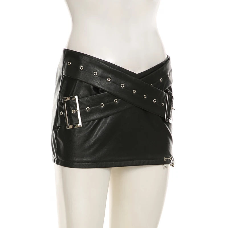 IAMSURE Dark Pu Leather Bodycon Skirt Sexy Slim Low-Waisted Super Mini Skirts Women 2024 Summer Fashion Streetwear Punk Style