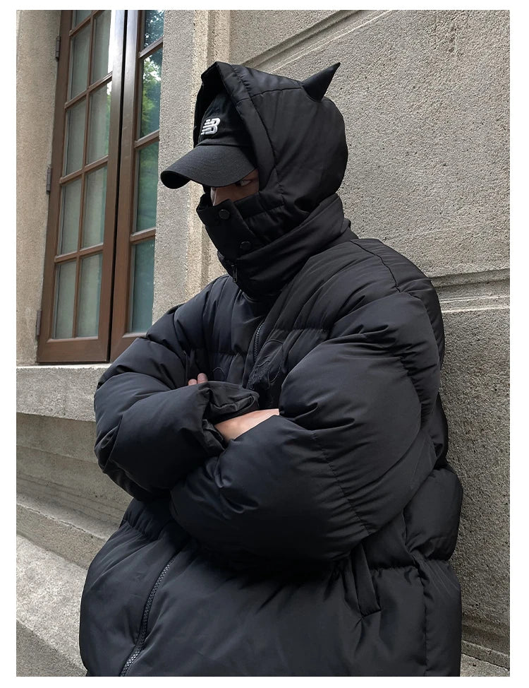 Cotton-Padded Hip Hop Parkas Men Devil Horns Winter Hooded Down Jacket Retro Y2K Thicken Puffer High Street Loose Bubbles Coats