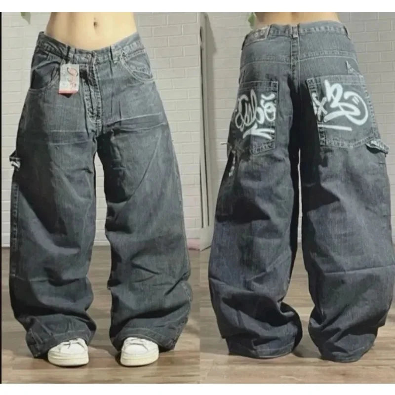 American New Fashion Geometric Pattern Embroidered Baggy Jeans Women Y2K Harajuku Vintage Hip-hop Popular Casual Wide-leg Pants