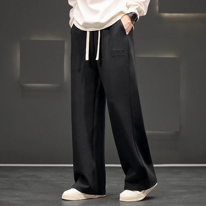 Autumn New Men Knitted Sports Pant Steel Stamp Printing Wide Leg Casual Trousers Straight Solid Lightweight Cotton Fabric Unisex