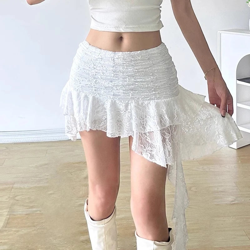 Vintage Lace Asymmetrical Skirts Sexy Mid Waist Mini Skirts Women French Fashion Streetwear Ladies Y2k Clothes