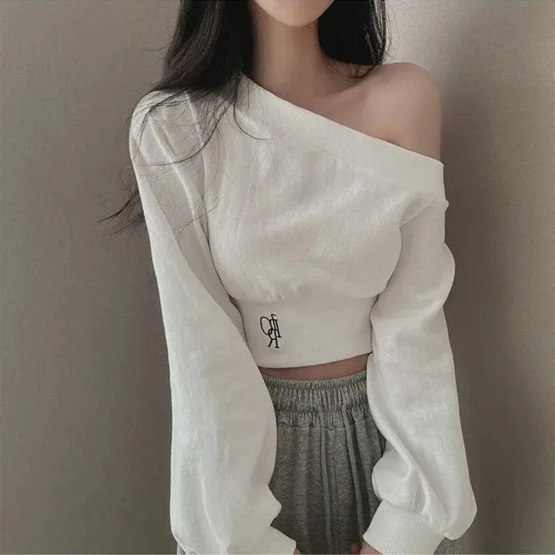 2025 Spring New Irregular Skew Collar Hoodies Women Sexy Fashion Sweatshirts Long Puff Sleeve Short Solid Slim Pullover Tops