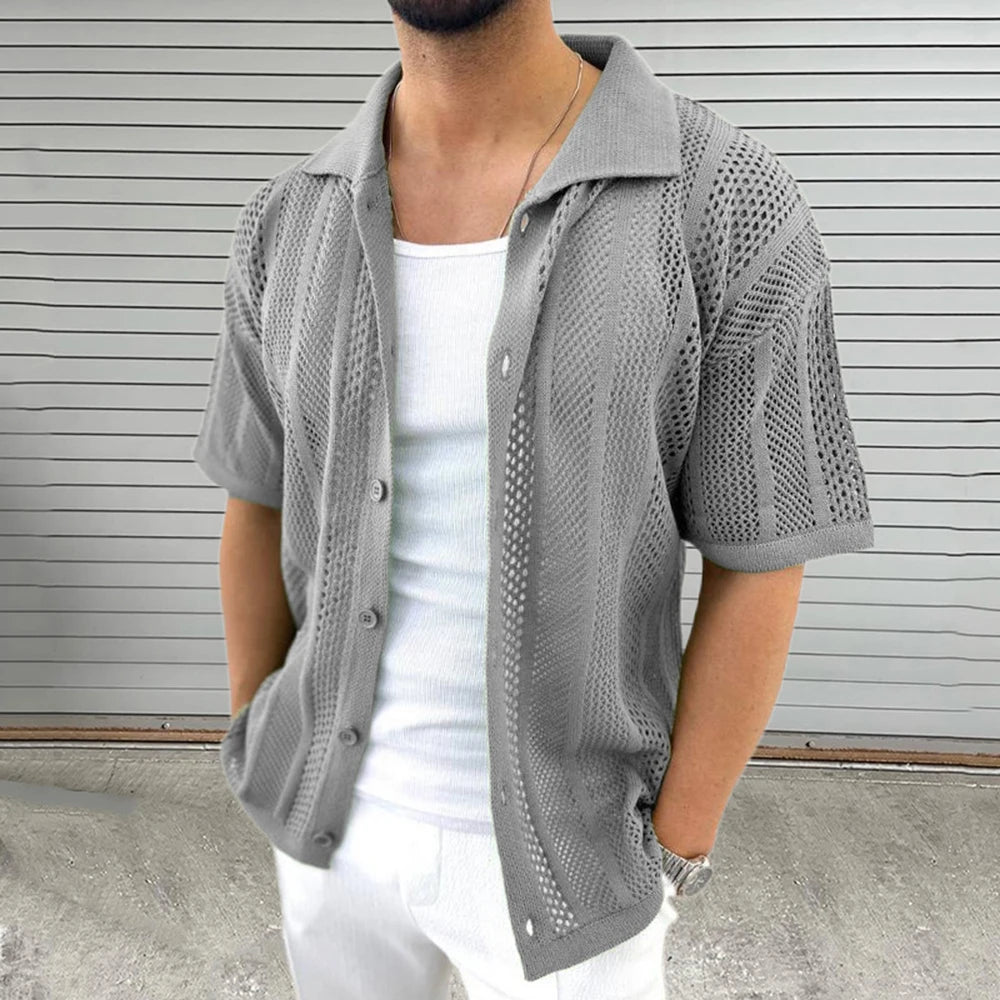 Summer Thin Men's Knitted Hollow Cardigan Short-Sleeved Shirt Retro Fashion Trend Casual Simple Loose Breathable Men's Tops
