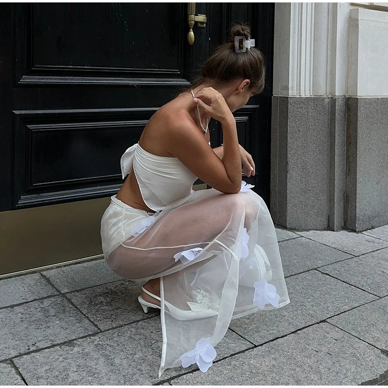 Y2K 3D Floral Gauze Long Skirts For Women 2025 Summer Spring Street See Through High Waist Maxi Skirt Lady Vacation Beach Skirt