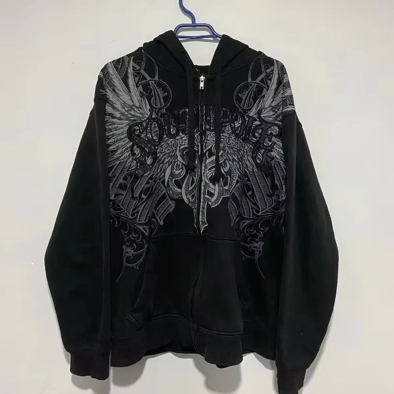 Gothic New Fashion Oversized Letter Printed Zipper Hoodie Sweater Men Y2K Harajuku Rock Casual Couple Sweatshirt Streetwear