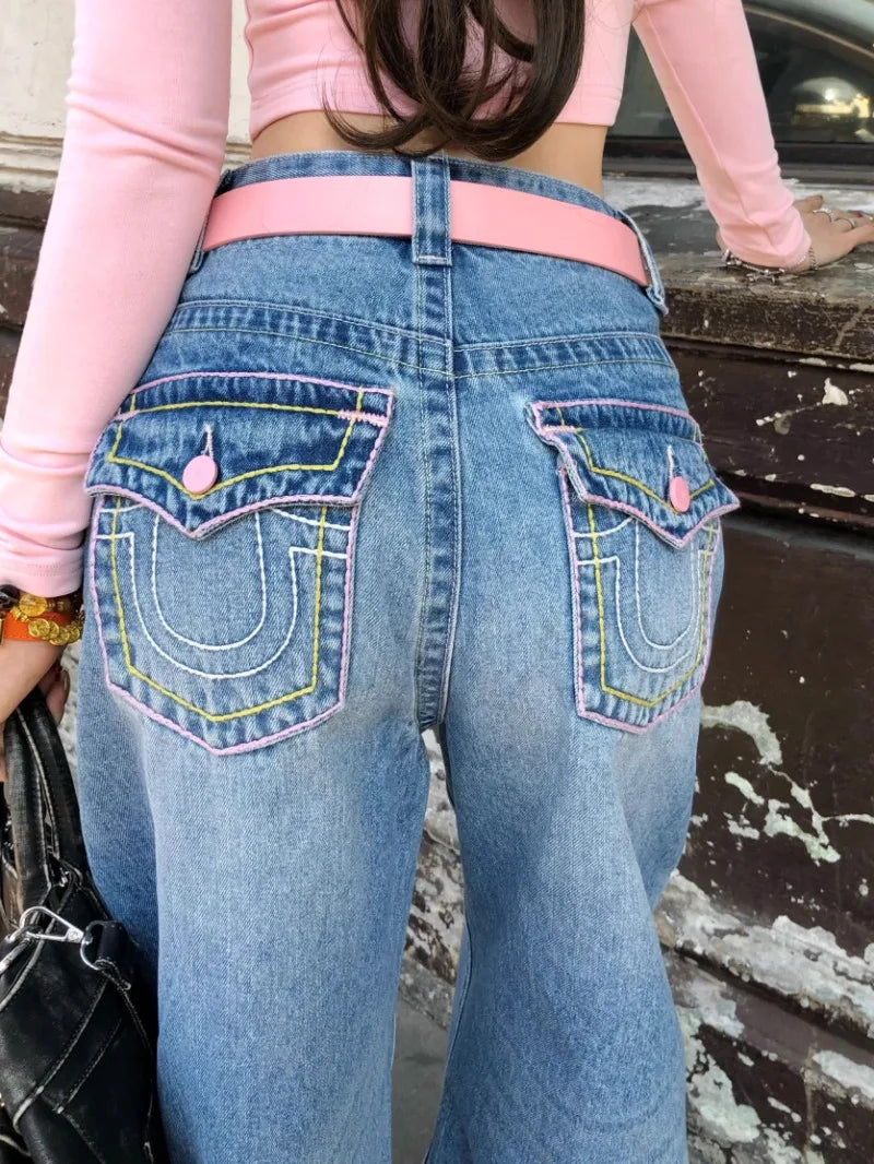 Embroidery Baggy Jeans Women Clothing Street Fashion Vintage Hip Hop Jeans Woman Casual Wide-leg Y2k Pants High Waited Jeans