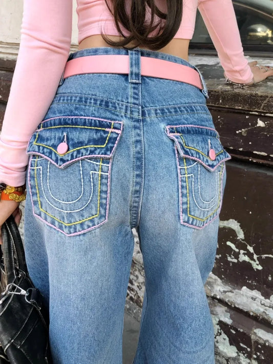 Embroidery Baggy Jeans Women Clothing Street Fashion Vintage Hip Hop Jeans Woman Casual Wide-leg Y2k Pants High Waited Jeans