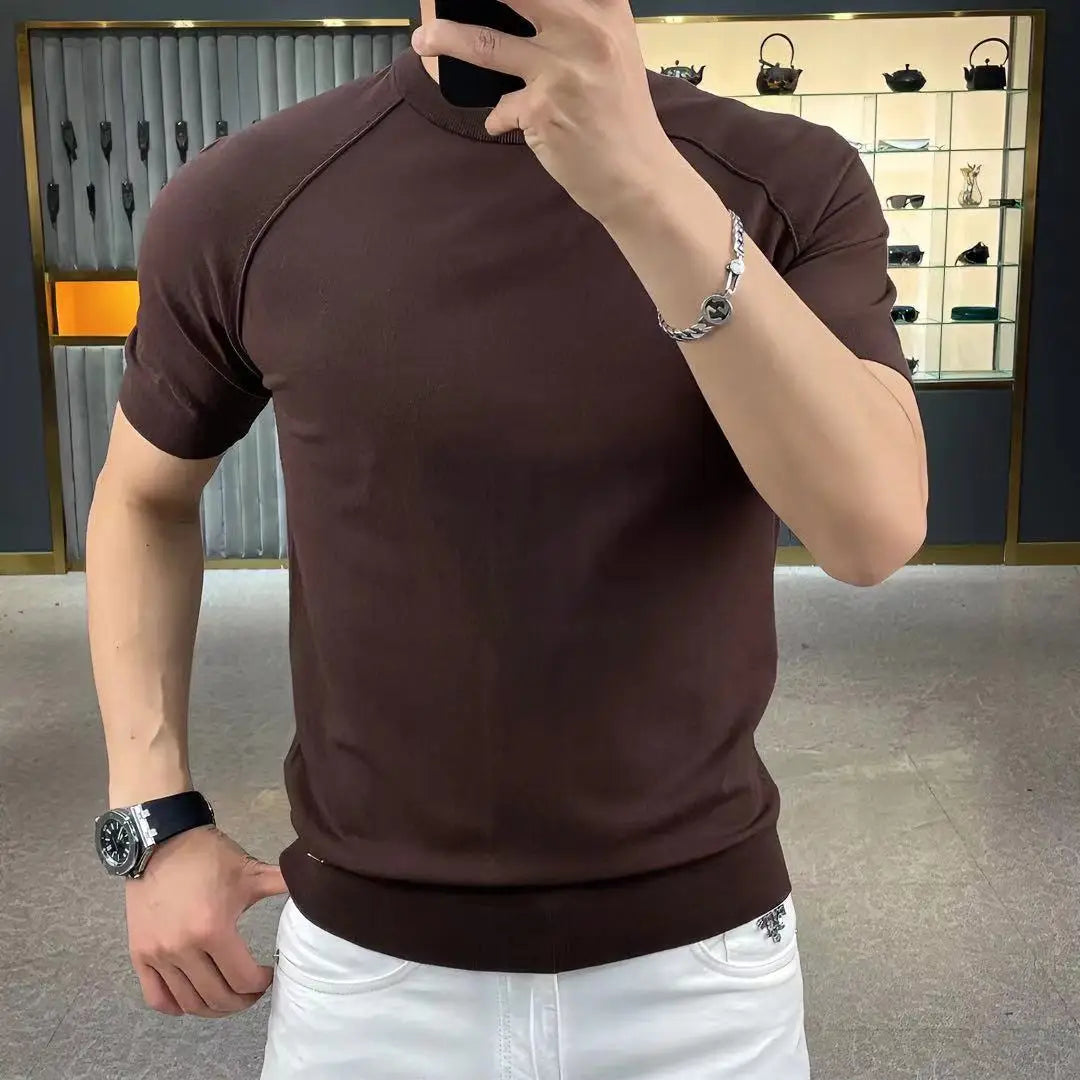 British Fashion Summer High Elastic Slim Round Neck Short Sleeve T-shirt Men's Solid Patchwork Smart Casual Versatile Cotton Top