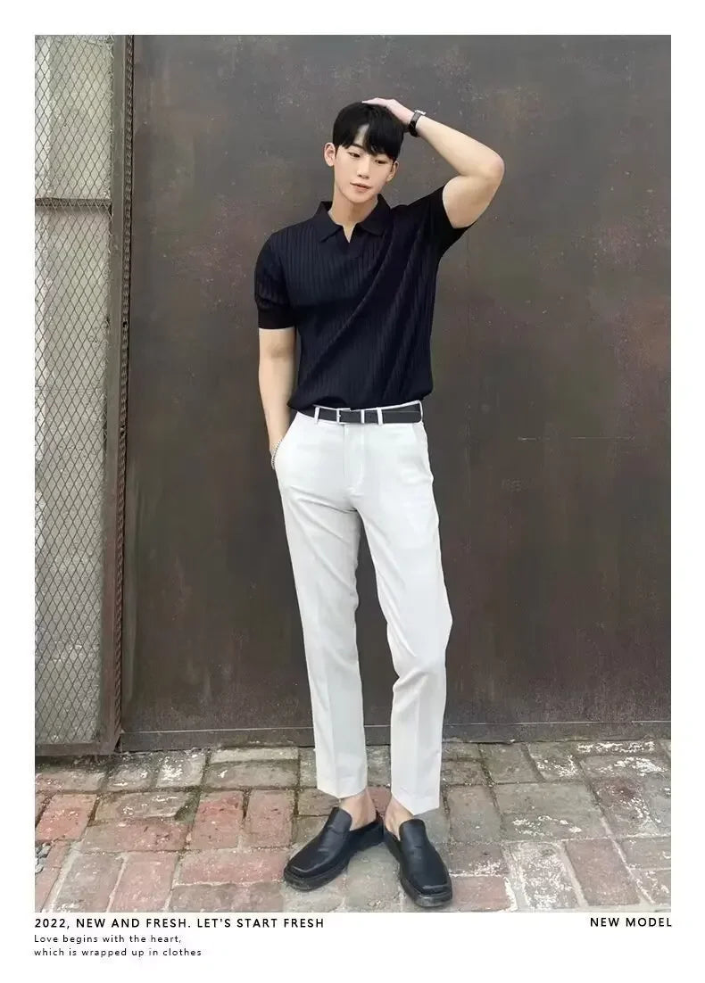 Summer New Light Maturity Knitted Polo Shirt Men's Korean Style Slim Fit Collar Pure Color Casual T-Shirt Cross-Border