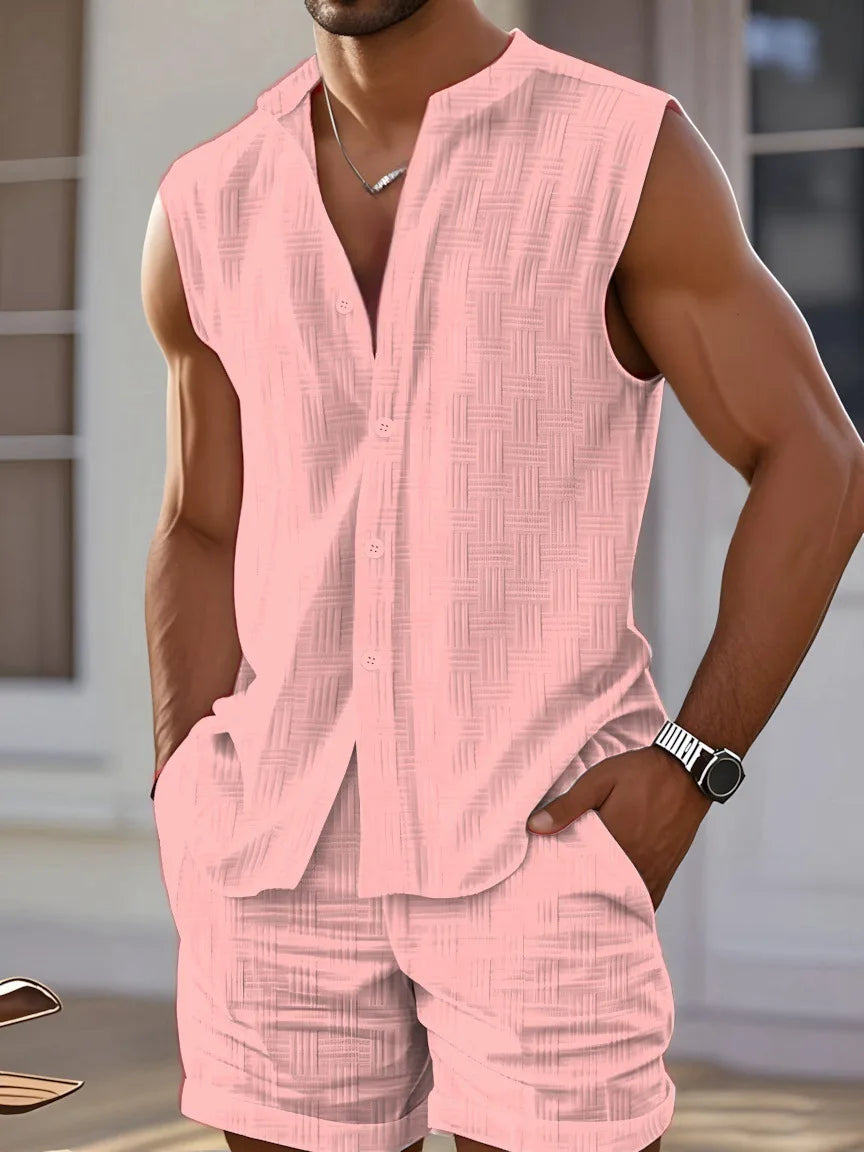 2025 Europe and the United States men's summer vest shirt casual loose sleeveless solid color shorts beach suit