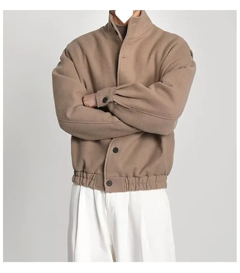 Autumn Winter Men's Fashion Stand Collar Jacket Woolen Coat British Style Baseball Design Workwear Thin Model Summer Suitable