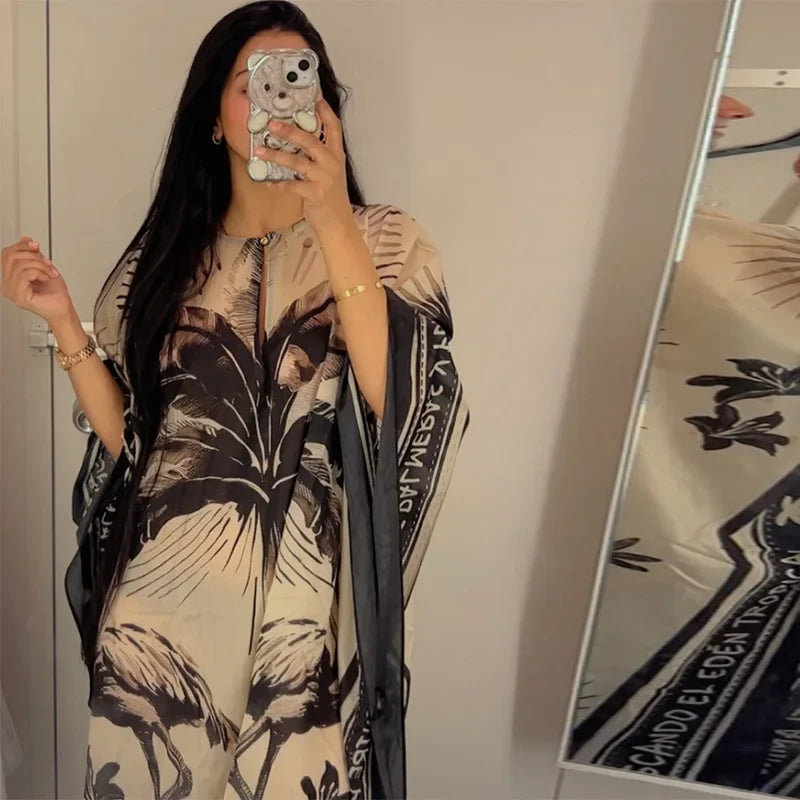 Fashion Print Pleated Long Dresses Women Party O-neck Full Sleeve Female Holiday Dresses 2025 Summer Lady Elegant  Robes