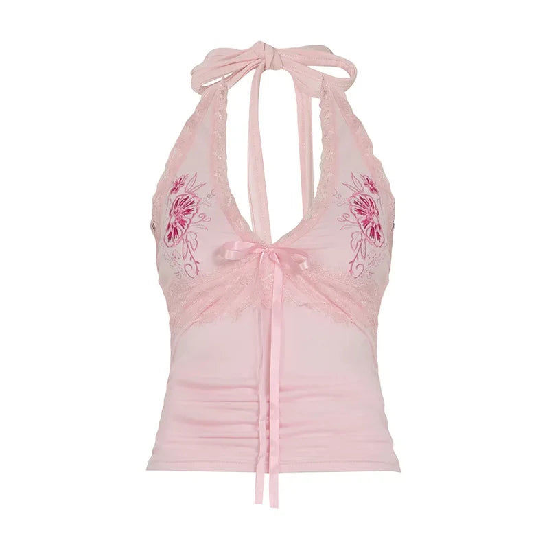 Pink Floral Embroidery Bow Lace Trim Halter Top Pink Vacation Cute Fashion Y2k Crop Tops for Woman Summer 2025