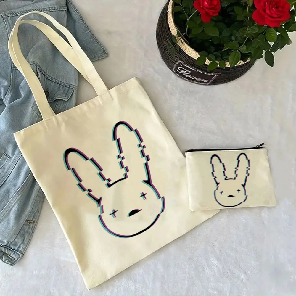 Un Verano Sin Ti Gift Bag Set, Bad Bunny Print Tote Bag, Casual Canvas Shoulder Bag with Mini Storage Bag