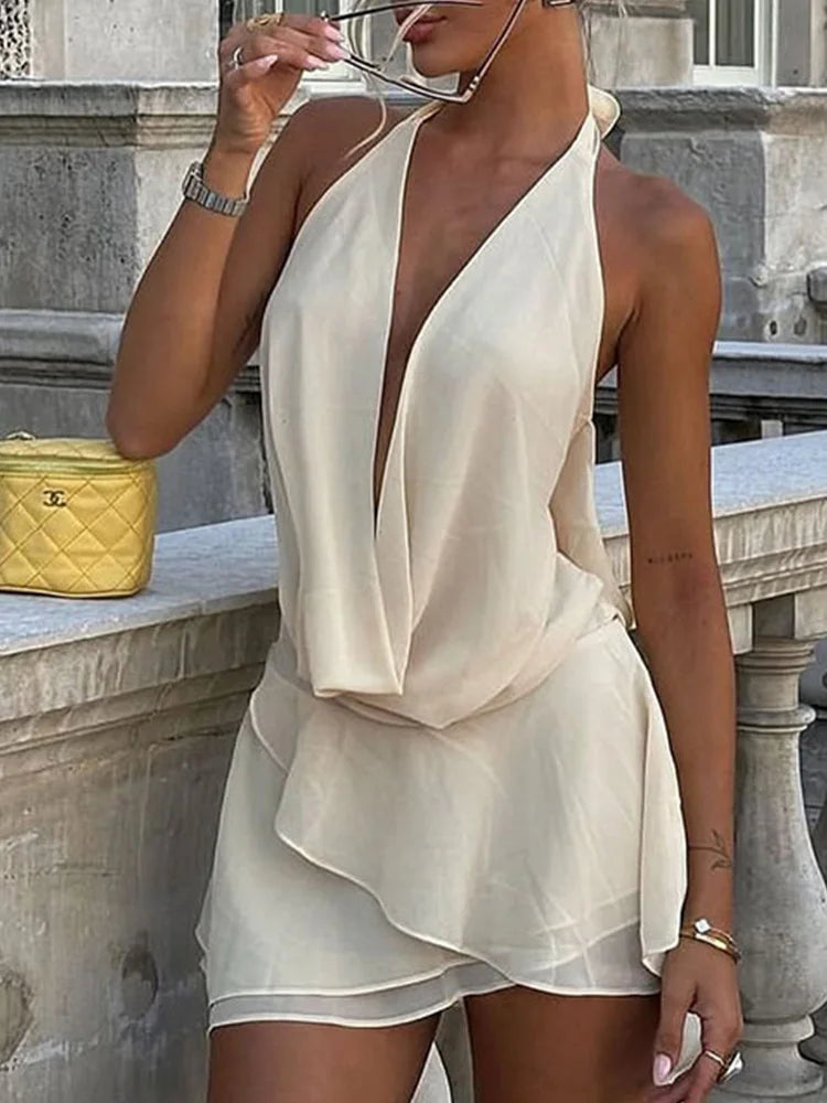 TSDFC Vintage Dress Women Fashion Sexy Sleeveless Dresses Solid Slim Backless V Neck Ruffles Mini 2025 New Spring Summer Dress
