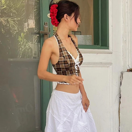 WhereMery French Style Retro Slim Halter Top Y2K Lace Backless Sleeveless V-neck Ruffle Camisole Summer Sexy New Women‘s Clothes