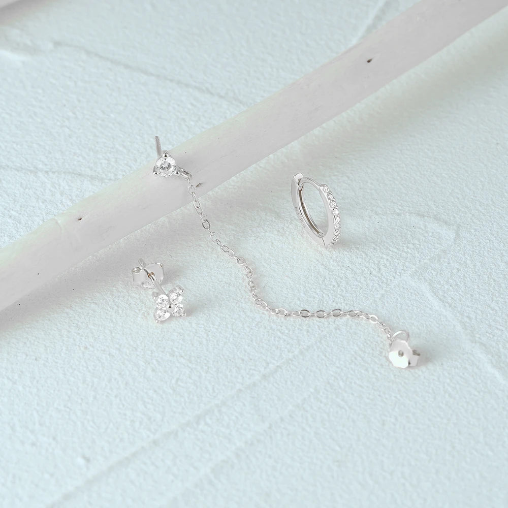 Aide 925 Sterling Silver 3pcs Set Two Stud Tassel K Gold Chain Flower Zircon Earrings For Women Fine Jewelry Valentine Day Gift