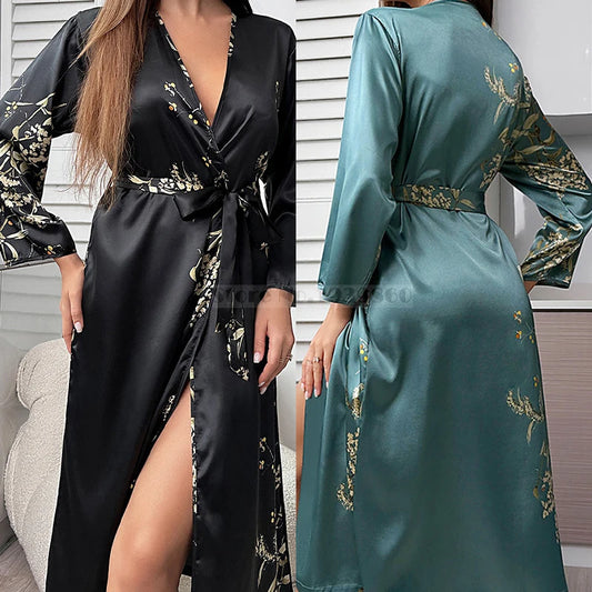 Sexy Loose Satin Home Dressing Gown Print Cherry Nightgown Female Long Kimono Bath Robe Gown Sleepwear Spring Summer Lounge Wear
