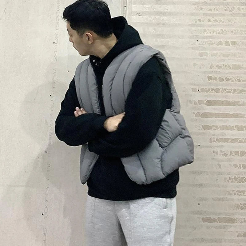 Linear Split Silhouette Autumn Winter Tops for Men Warm Loose High Street Padded Waistcoat Deconstructed Vibe Nylon Zipper Vest
