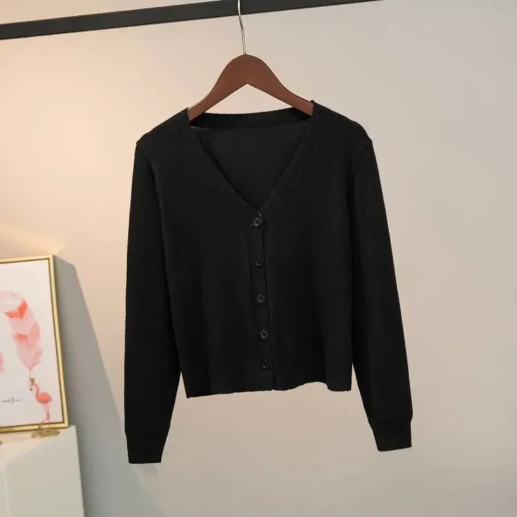 Sweater knitted cardigan button jacket 2024 autumn winter V-neck long sleeve casual short tops for women sweater Grey White