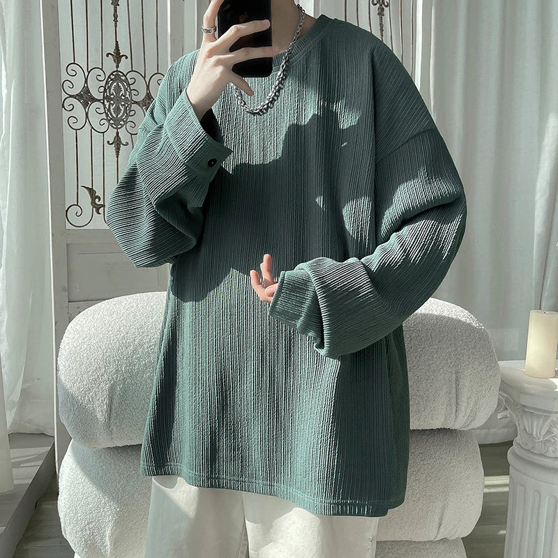 2024 Spring Autumn Casual Long Sleeve T Shirts Men Loose Round Neck T-shirts Male Fashion Harajuku Korean Streetwear Tops Tees