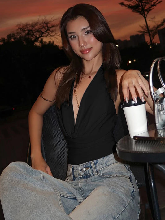 Weird Puss Swing Collar Tank Tops Women Backless Halter Folds Skinny Daily Simple Sexy Summer Wild Street Basic Stretch Vest
