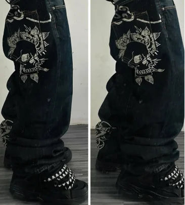 Y2K classic Gothic skull print casual straight leg high waisted pants hip-hop retro loose couple street aesthetic clothing jeans