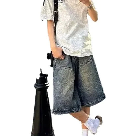 American Style Vintage Men's Denim Shorts Streetwear Straight-Leg Wide-Leg Distressed Casual Pants Trendy Summer Wear