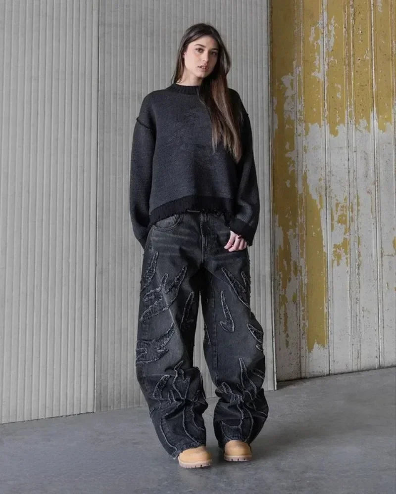 90s Streetwear Retro Hip Op Flame Embroidery Loose High Waisted Men Jeans Female Y2K New Harajuku Gothic Wide Leg Pants