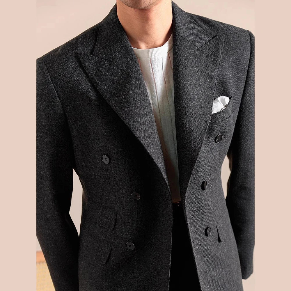 2025 Spring British Style Men Blazers Double Breasted Casual Suit Jacket Wedding Business Coat Social Banquet Tuxedo Costume