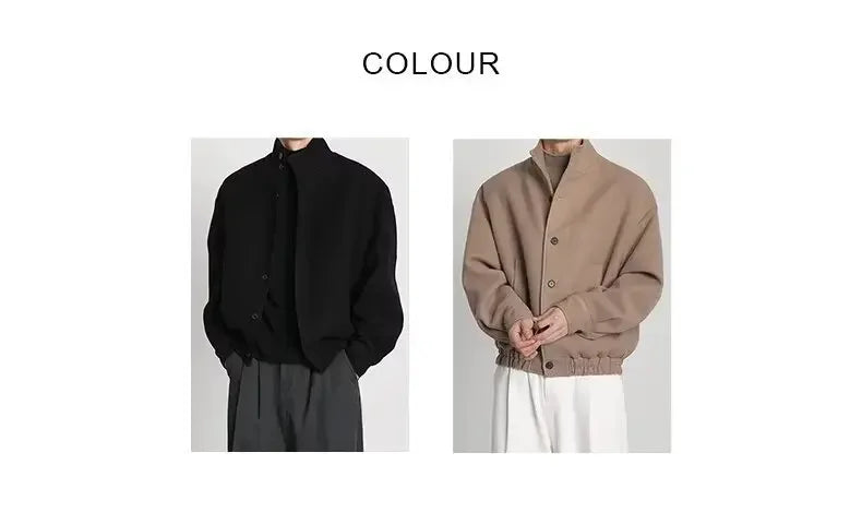 Autumn Winter Men's Fashion Stand Collar Jacket Woolen Coat British Style Baseball Design Workwear Thin Model Summer Suitable