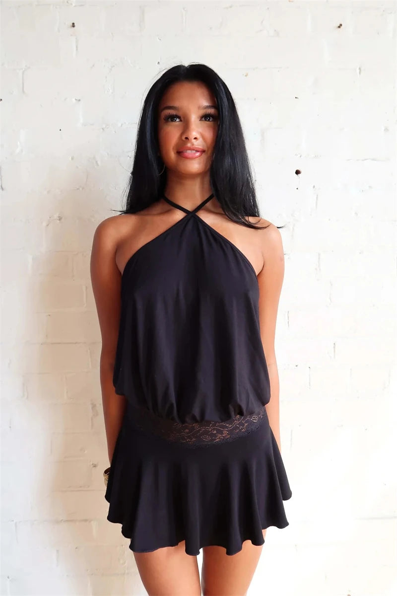 Absobe Halter Sleeveless Patchwork Lace Mini Dress For Women Backless Slim A-Line Short Dress Y2K Sexy Vacation Beach Streetwear
