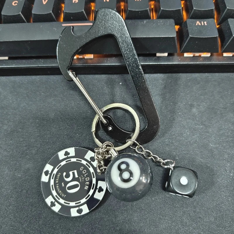 Fashionable Multi functional Keychain Casino Style Lucky Dice Black 8 Lucky Chip Pendant Mountaineering Buckle Bottle Opener