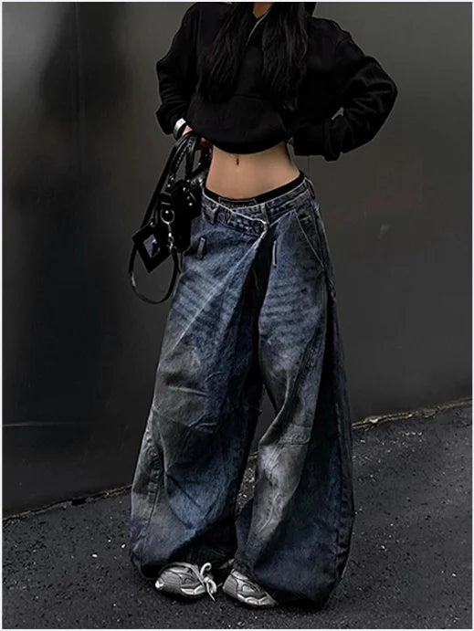 Blue Womens Jeans High Waist Vintage Design Hip Hop Straight Baggy Denim Pants Street Y2K American Style Wide Leg Denim Trouser
