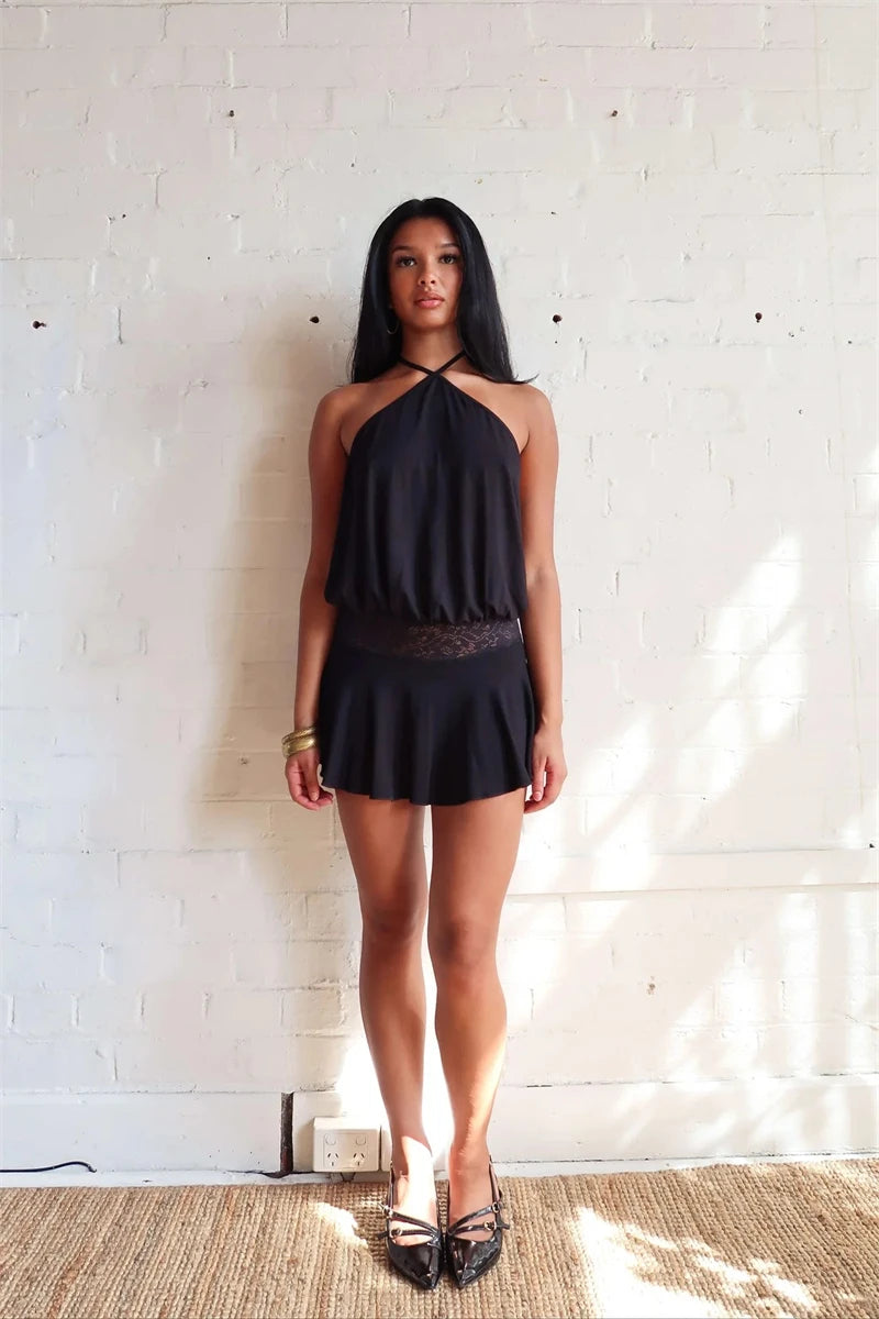 Absobe Halter Sleeveless Patchwork Lace Mini Dress For Women Backless Slim A-Line Short Dress Y2K Sexy Vacation Beach Streetwear