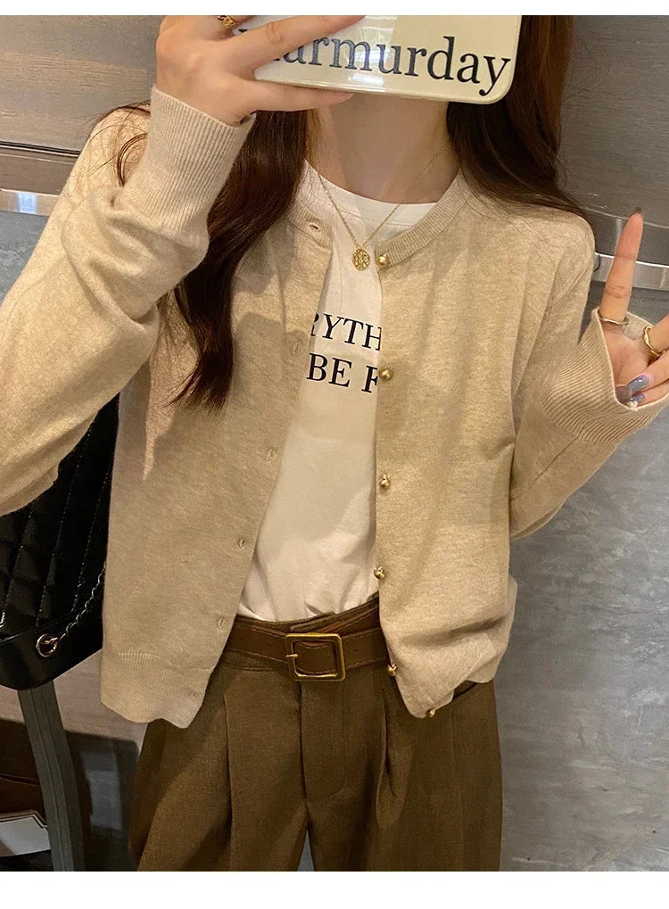 Solid Color Knitted for Women Cardigan Korean Single Breasted Long Sleeve Jumper Woman Round Neck All Match Cardigans Outwear