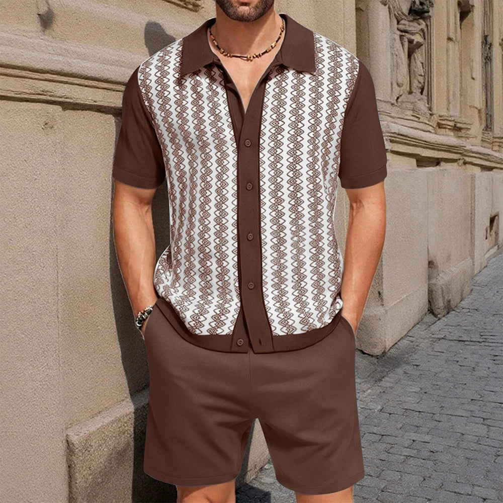 Men's Cardigan Knitted Short-Sleeved Shorts Suit Retro Casual Fashion Trend Loose Breathable Daily 2025 Summer New Men's Suit