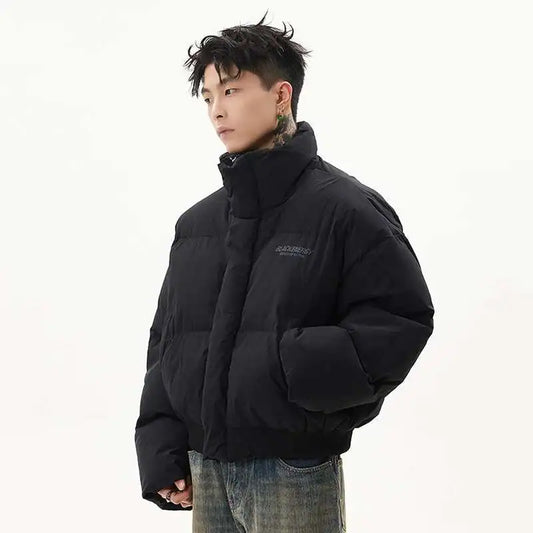 PFNW American Simple Stand Collar Short Cotton-padded Coat Men's Black Loose Zipper Quilted Padded Jacket Winter Clothes CPG2211