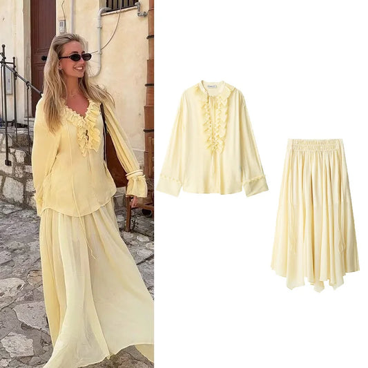 TRAF Wrinkled Effect Skirt Set Women 2 Piece V Neck Tierred Chiffon Shirt Elastic Waist Skirts Two Piece Set Women Outfits