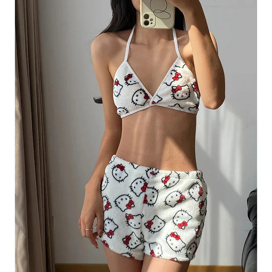 Hello Kitty ladies Pajama Two Piece Sanrio Anime Kawaii Women Home Underwear Cute Summer Beachwear Bra Shorts Girl Bikini