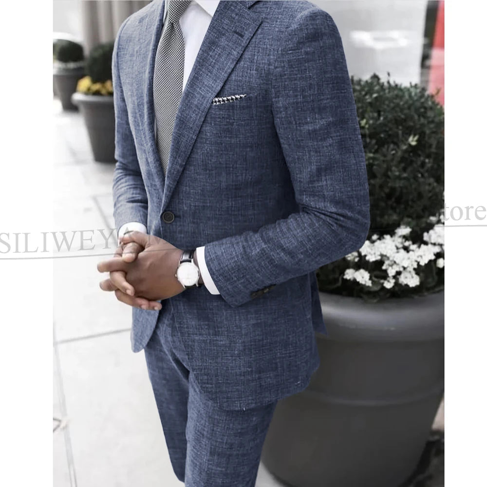 2025 Dark Gray Linen Men's Suit Bridegroom Tuxedo Tailor-Made Wedding Custom Single Breasted Male Blazer 2 pcs(Jacket+pants)